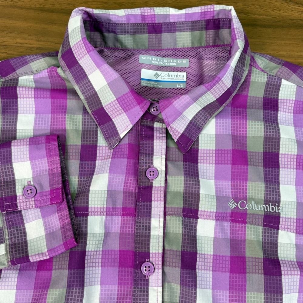 Columbia Meadowgate Omni Shade Plaid Button Up Hiking Shirt Purple Sz L Roll Tab